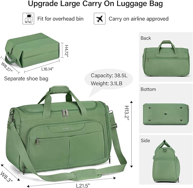 Hanke Carry On luggage Bags for Travel, Large Foldable Duffle Bag for Travel, Softside Lightweight Travel Bag Carry On Bags for Airplanes Women, Travel Tote Bags for Women Men.(Forest Green)