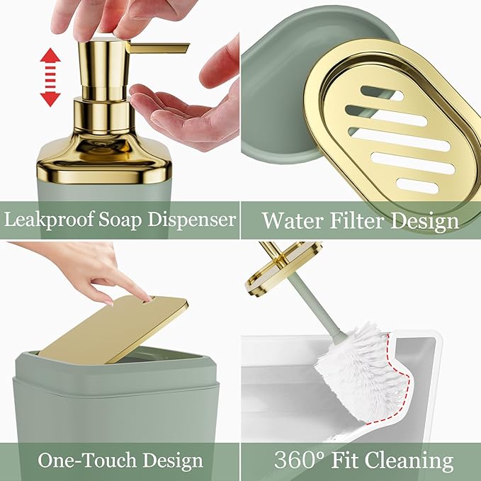 Sage Green Bathroom Set - 24PC Bathroom Sets with Shower Curtain and Rugs, Sage Green Bathroom Accessories Set with Press-on Lid Bathroom Trash Can, Soap Dispenser