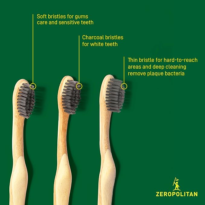 Bamboo Toothbrushes with Soft Charcoal Bristles 1 Unit - Ergonomic Handle Wooden Toothbrushes - Eco Friendly, Low Waste and Biodegradable Toothbrushes