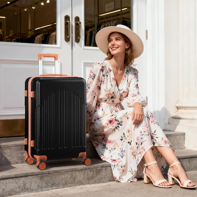 Karl home 28 Inch Check-in Luggage with Spinner Wheels, ABS Hardshell Checked Suitcase with TSA Lock, Durable Large Suitcase Rolling Luggage for Men Women, Black & Brown
