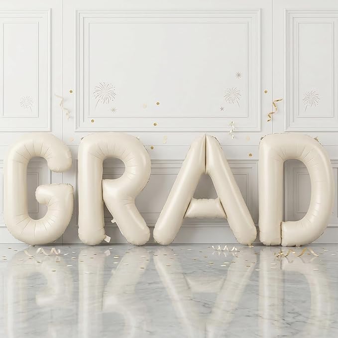 Biapian 40 Inch GRAD Balloons, Cream Letter Balloon, Beige Graduation Decorations, Large Banner With White Ribbon for Class of 2024 Party