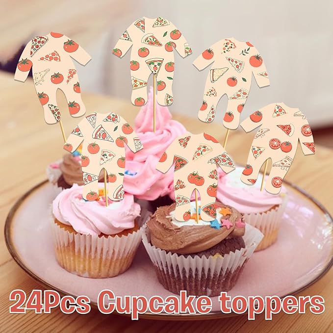 24PCS Pizza Onesie Baby Shower Cupcake Toppers Pizza Baby Shower Decorations Pizza Party Decorations for Cake Decor