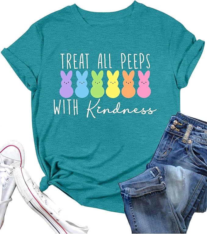 LAZYCHILD Women Easter Teacher Shirts: Funny Treat All with Kindness T-Shirt Bunny Rabbit Tee Tops