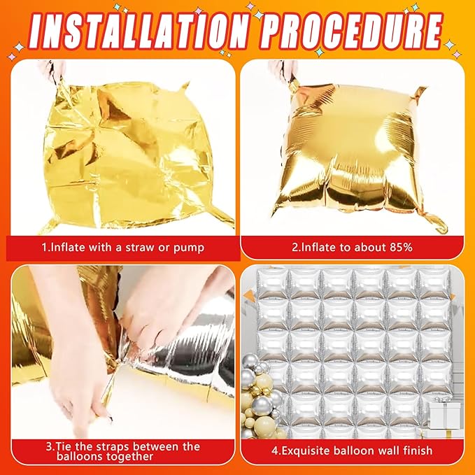 36 Piece XL Silvery Wall Screen Double Sided Square Balloon Screen Tunnel Arch Kit Mylar Square Balloons For Baby Shower Graduation Prom Birthday Party Decorations (Silvery)