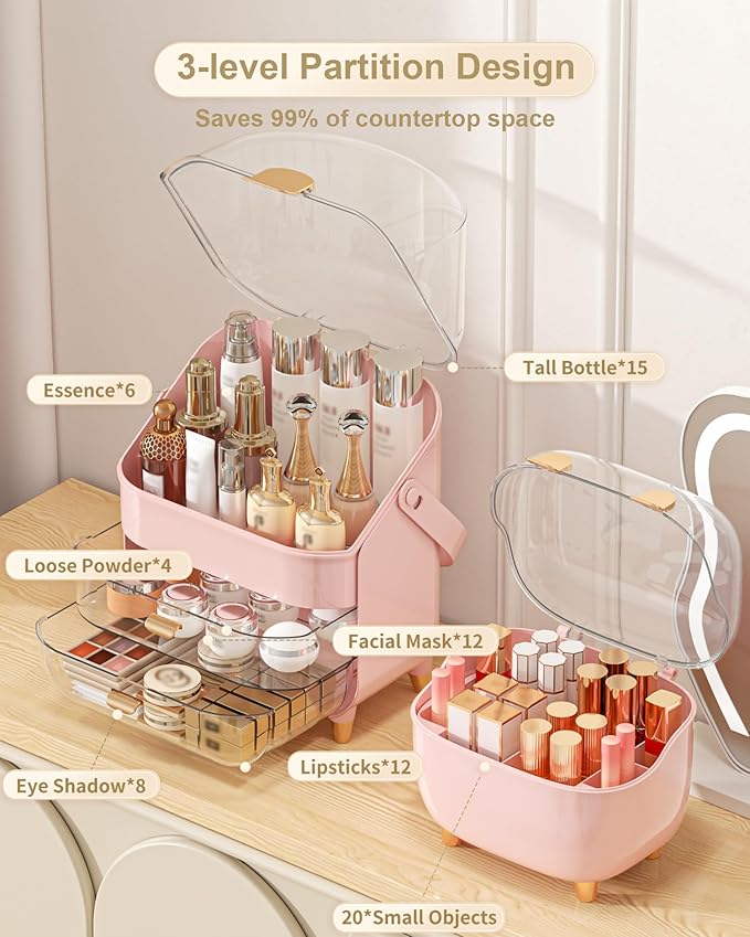 Makeup Organizer with Lipstick Holder, Skincare Organizers Storage Box Cosmetic Display Cases, Teen Girl Gifts Make up Organizers for Vanity, Dresser, Countertop, Bathroom(Pink)