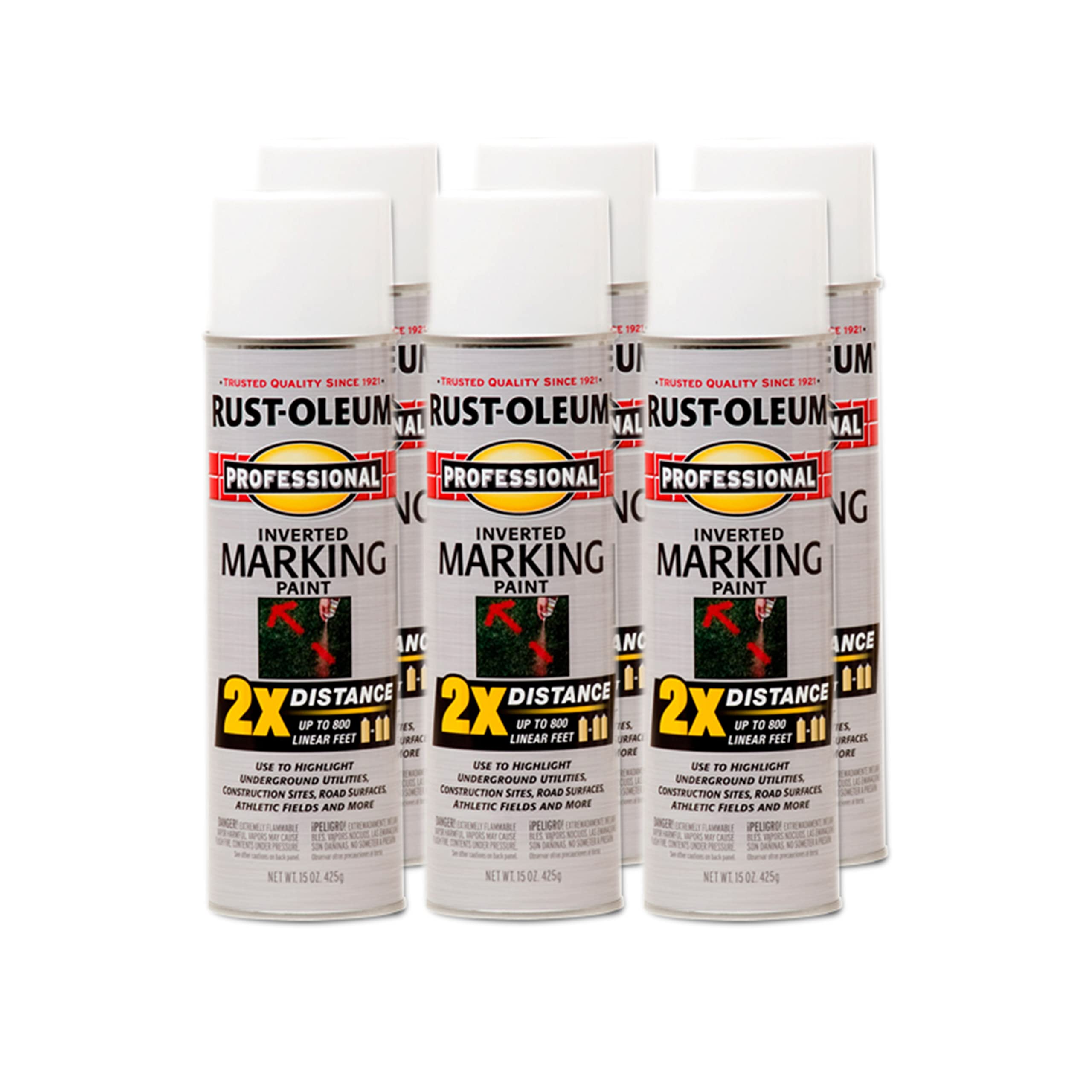 Rust-Oleum 266593-6PK Professional 2X Distance Inverted Marking Spray Paint, 15 oz, White, 6 Pack