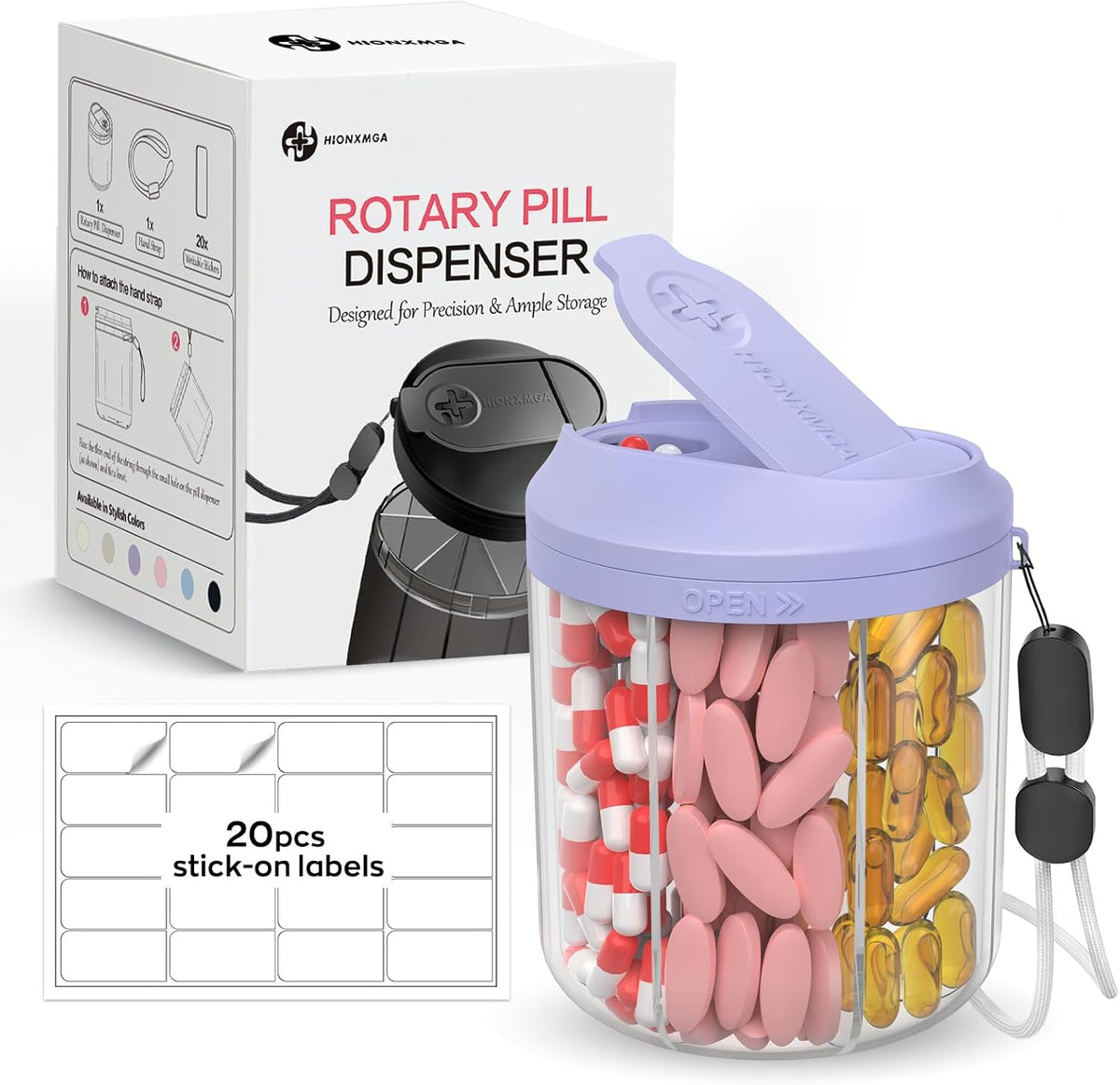 Pill Dispenser with 7 Large Compartments, 4.4" H x 3.6" Dia Pill Bottle Organizer for Travel, Supplement Organizer with Anti-Mixing Design, BPA-Free Pill Container with 20 Pcs Labels Purple