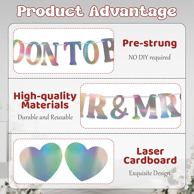 Soon To Be Mr & Mrs Banner, Bridal Shower Sign, Pre-Strung Laser Wedding Banner Decorations, Engagement Banners for Mantle Hanging Sign Couples Shower Decorations