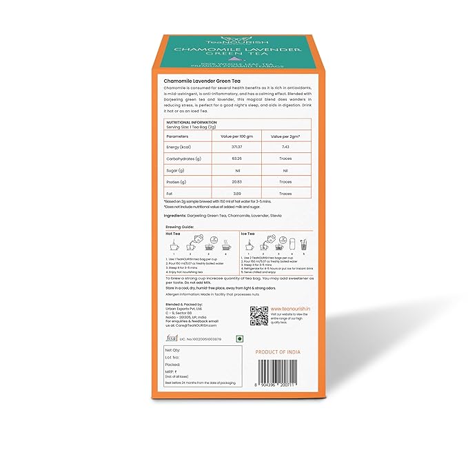 TeaNOURISH Chamomile Lavender Green Tea | 20 Count Pyramid Tea Bags | Whole Leaf Tea | Calming & Relaxing Chamomile Sleep Tea | Bedtime Tea | 100% NATURAL INFUSION