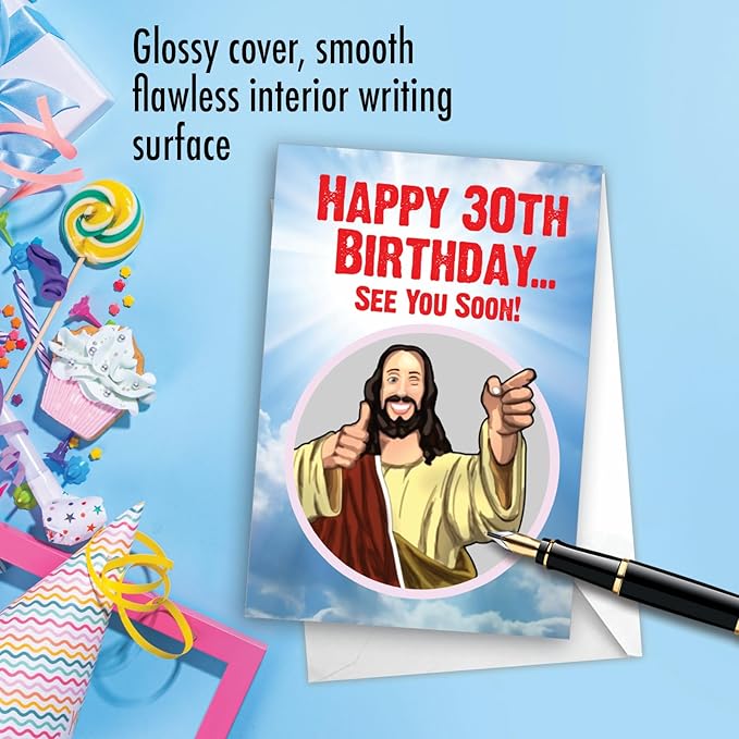 NobleWorks - Funny 30th Birthday Greeting Card - Joking God Humor Milestone, 30 Years Happy Bday Notecard with Envelope (1 Card) - See You Soon 30 C7235MBG
