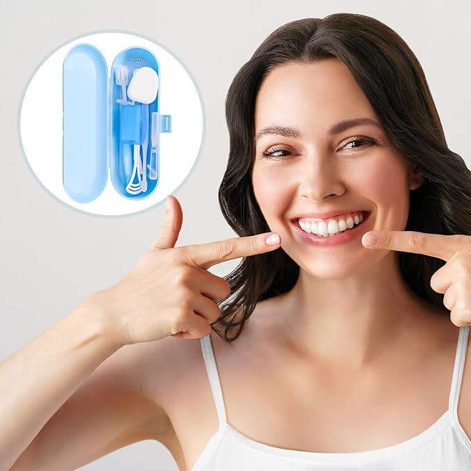 7-in-1 Travel Oral Care Kit with Case – Toothbrush, Tongue Scraper, Wisdom Toothbrush, Dental Floss, Floss Threaders, Interdental Brush, Dental Wax, Portable Hygiene Set for Daily Use Travel (Blue)