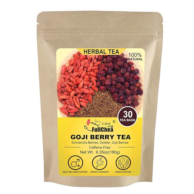 FullChea - Goji Berry Tea For Men, 30 Count X 6g - Premium Five Flavors Herbal Tea Combination - Schisandra Berries, Dodder, Wolfberry - Support Kidney Health & Boost Energy