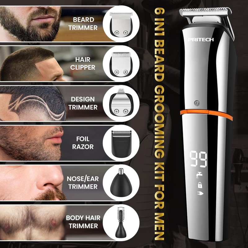 PRITECH Beard Trimmer for Men – 6-in-1 Cordless Grooming Kit, IPX6 Waterproof Wet & Dry with Foil Shaver & Nose Trimmer, USB-C Rechargeable 90min Runtime, Home Travel Use (Silver)
