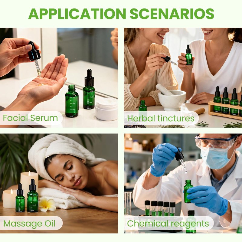 UPBUD 63 Pcs 1oz Green Glass Dropper Bottles with Measurement, 30ml Leakproof Tincture Bottles with Funnels, Eye Droppers, Extra Caps & Labels, Refillable Empty Bottles for Tinctures, Essential Oils
