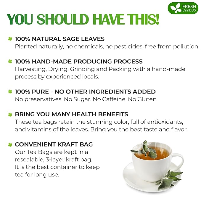 FreshDrinkUS, Premium 75 Sage Leaf Tea Bags, 100% Natural & Pure from Sage Leaves. Loose Leaf Herbal Tea. Made with Natural Material Tea Bags. No Sugar, No Caffeine, No Gluten, Vegan.