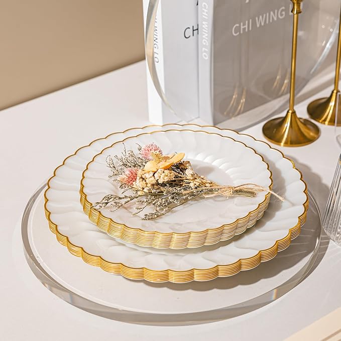 Lullaby 60PCS Pearl White Scalloped Plastic Plates with Gold Rim, Disposable Elegant Plates Include 30pcs Dinner Plate 10.25", 30pcs Dessert Plate 7.5", Perfect for Daily Use, Wedding and Party