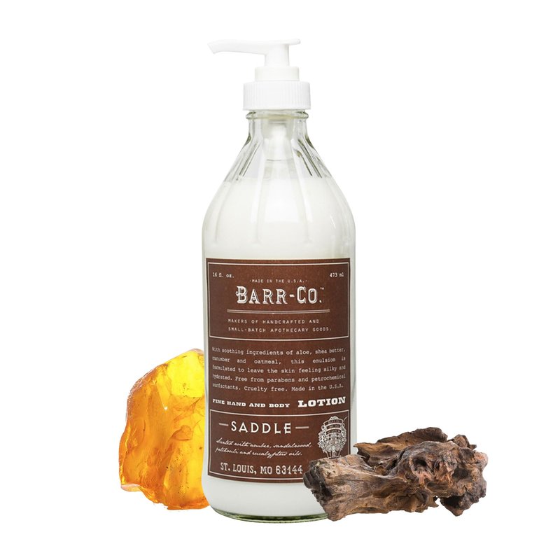 BARR-CO. Saddle Scent Shea Butter Lotion, Amber Scent with Sandalwood & Musk, Shea Moisturizing Lotion for Sensitive Skin, 16 fl oz