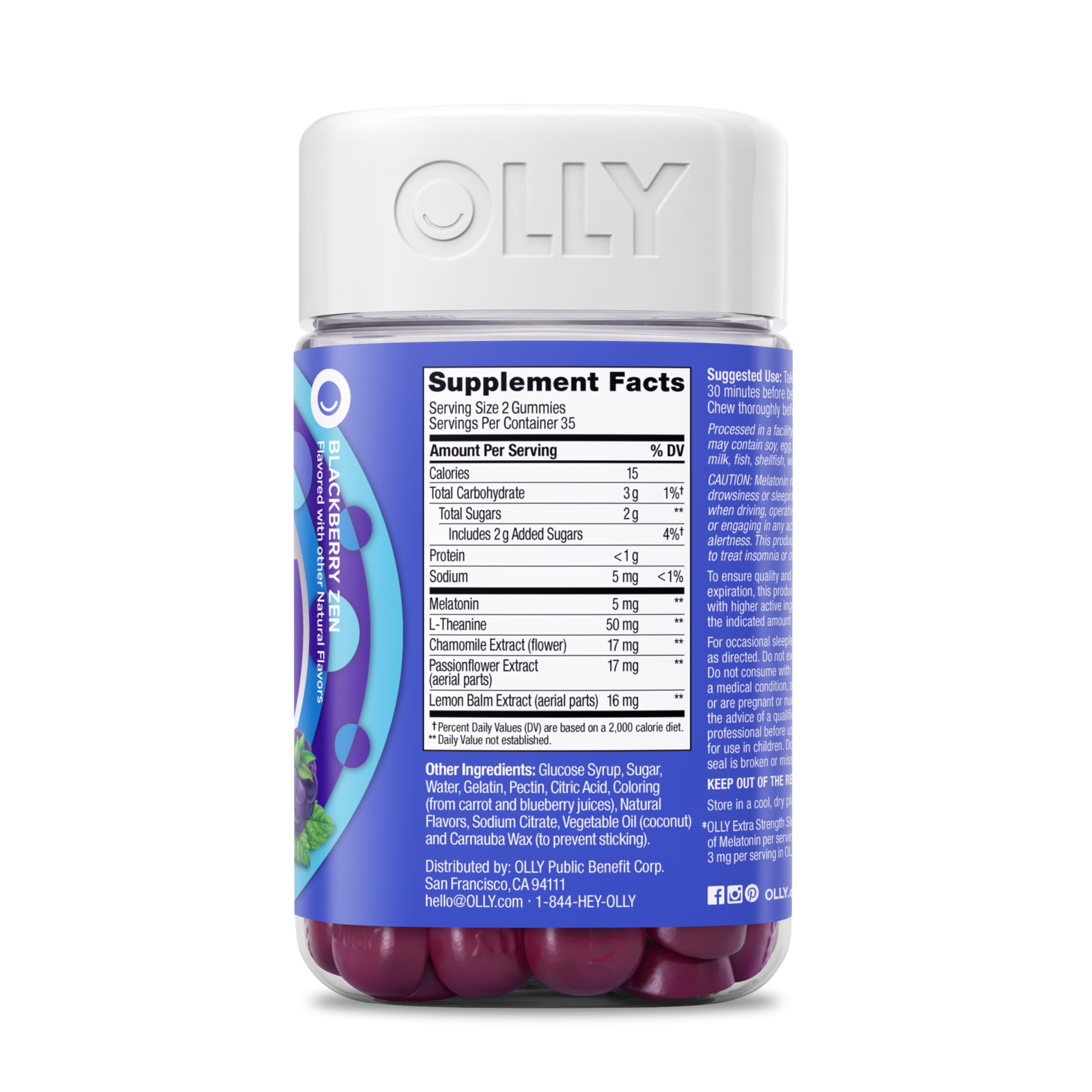OLLY Extra Strength Sleep Gummy, Occasional Sleep Support, 5 mg Melatonin, L-Theanine, Chamomile, Lemon Balm Extracts, Sleep Aid, Blackberry Flavor - 70 Count (Packaging May Vary)