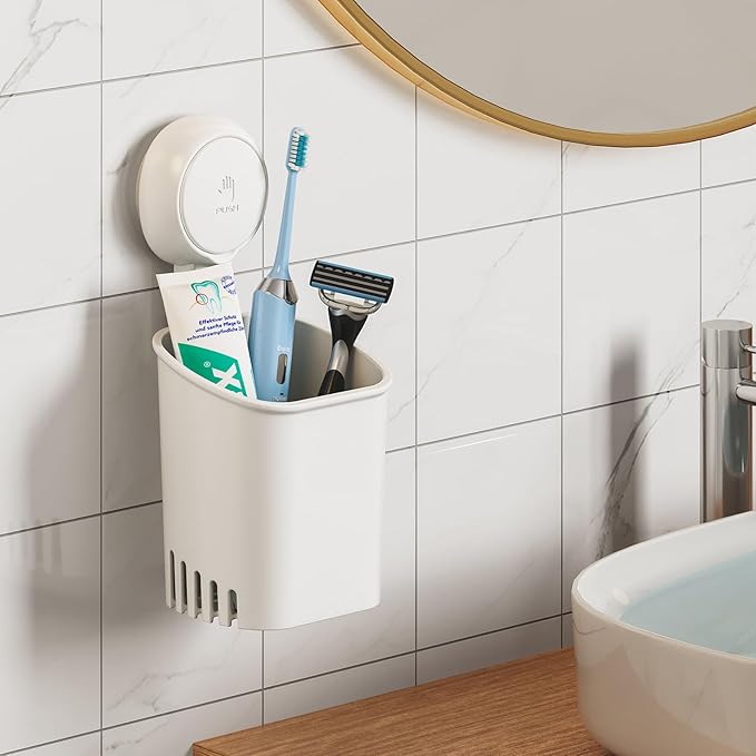 LEVERLOC Powerful Suction Cup Toothbrush Holder, Drill-Free Wall Shower Holder for Toothbrush, Toothpaste, Razor, Removable Suction Cup in Shower, Self-draining Kitchen Tableware Organizer, White