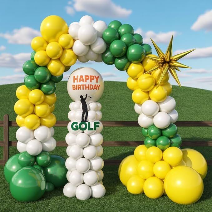 Green Yellow Balloon Garland Kit, Golf Birthday Decorations with Dark Green Yellow Latex Balloons Gold Star Foil Balloon for Boys Birthday Forest Jungle Tractor Soccer Party Decorations
