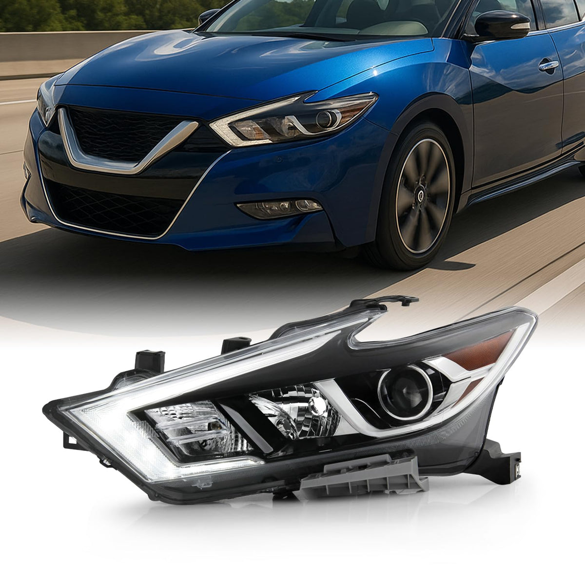 AKKON - Fits 2016-2018 Maxima S | SL | SV [Halogen Type] DRL LED Running Turn Signal Chrome Headlight Driver Left Replacement