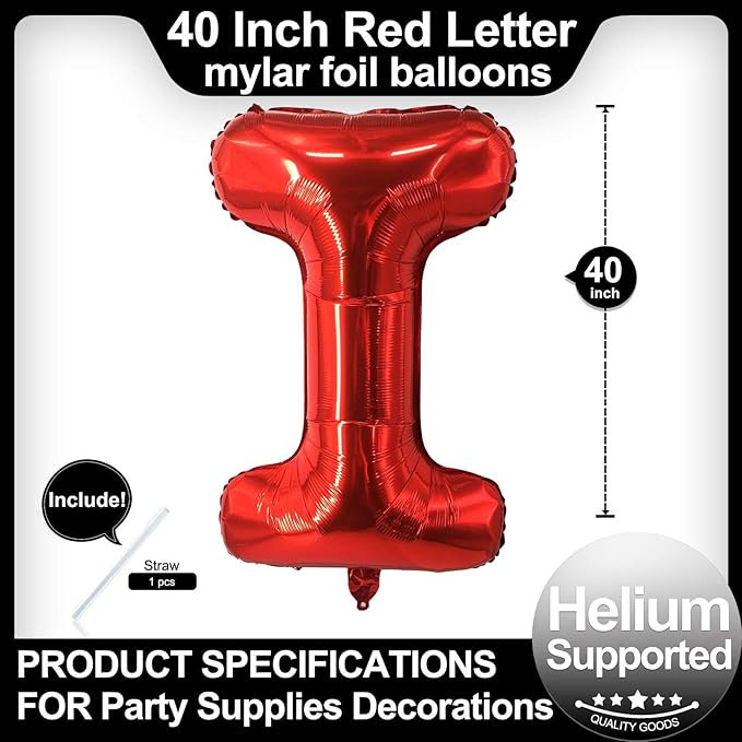 40 Inch Red Letter I Balloons, DIY Phrase Foil Alphabet Letter I Balloons DIY Word I Banner for Birthday Anniversary Celebration Graduation Party Supplies Decoration