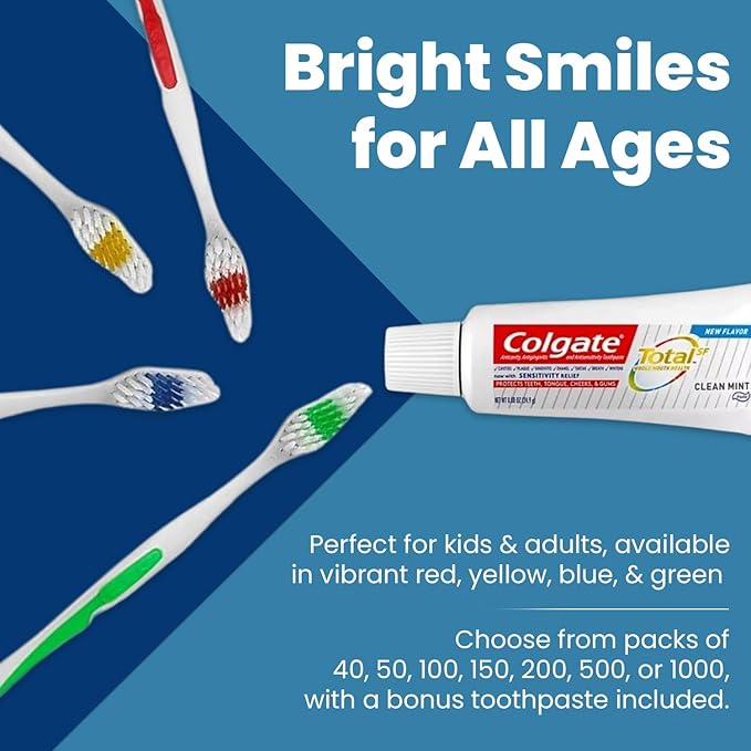 500 Toothbrushes Bulk Wholesale Quantity Standard Size, Dental Care Toiletries, Medium Soft Bristles, Individually Wrapped, Homeless Care, Disposable Use, Hotels, Travel,