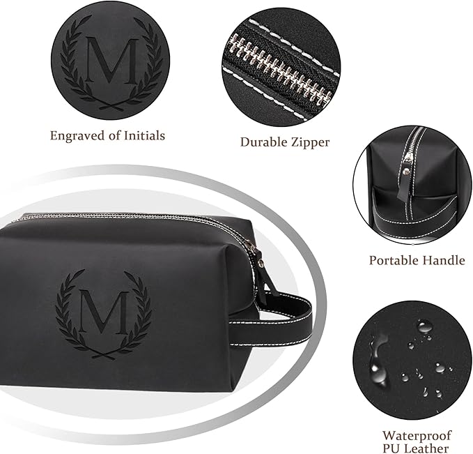 Personalized Gifts Travel Toiletry Bag for Men Engraved Initial PU Leather Waterproof Shaving Bag for Toiletries Accessories Fathers Day Birthday Gift for Men Dad Husband Son, Black N
