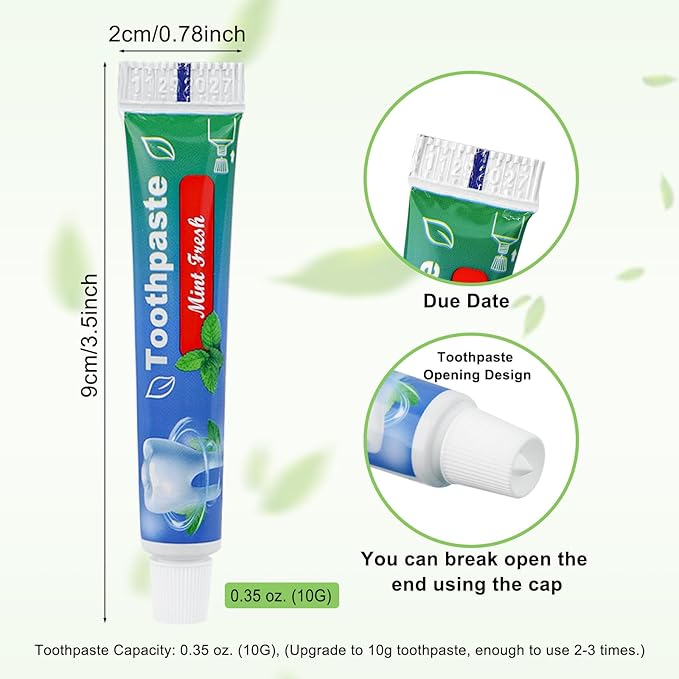 0.35 oz Bulk Travel Size Toothpaste,100 Tubes 10 Grams Extra Small Toothpastes Travel Size Bulk 0.8x3.5 inches Mint Flavor Mini Disposable Toothpaste for Hotel,Guests,Homeless,Office