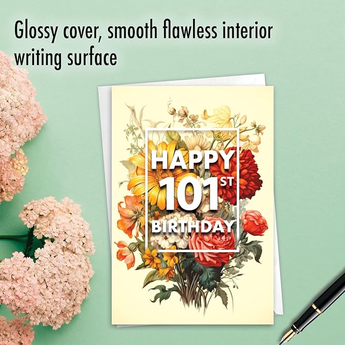 NobleWorks 101th Birthday Milestone Greeting Card with 5 x 7 Inch Envelope (1 Card) Flowers For Milestones - 101 C10581MBG