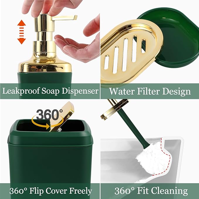 Dark Green Bathroom Accessories, 24 Pieces Green and Gold Bathroom Accessories Set with Shower Curtain, Bath Towels, Trash Can, Soap Dispenser and Soap Dish for Bathroom/Housewarming
