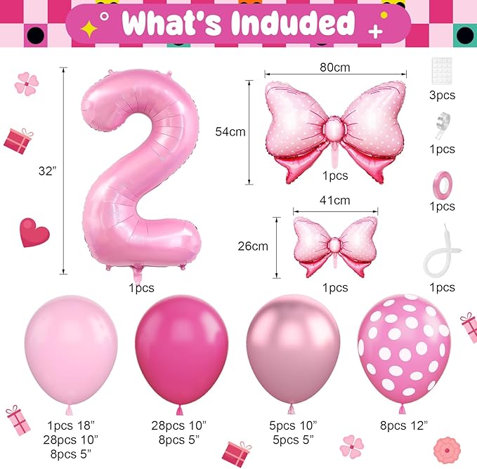 Pink 2nd Birthday Balloons Decorations, Hot Pink Rose Polka Dots Balloons Arch Kit, Huge Bow Foil Balloon, pink Number 2 Balloon Tower for Baby Shower Girls Princess 2nd Theme Party