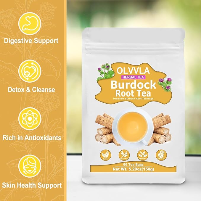 Olvvla - Premium Burdock Root Tea - 2.5g X 60 Count - 100% Pure Natural Burdock Herbal Tea bags - Caffeine-free Burdock Tea - Help to Detox & Digestive Support