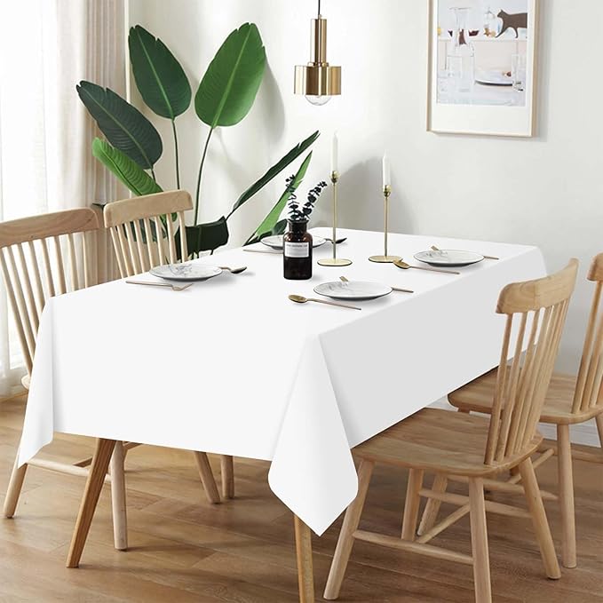 QIKSION White Plastic Table Cloth Disposable 12 Pack, 54 x 108 Inch Tablecloths for Party, Picnic, Birthday, Rectangle Table Cover