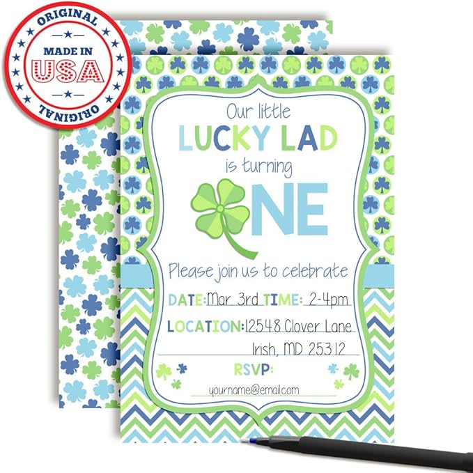 Lucky Lad First Birthday Clover St. Patrick’s Day Party Invitations for Boys, 20 5x7 Fill In Cards with Twenty White Envelopes by AmandaCreation