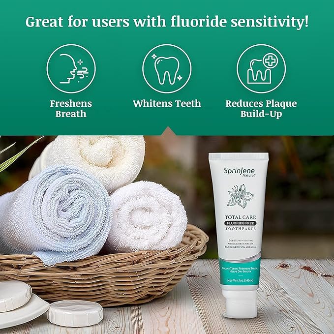 SprinJene Natural Total Care Fluoride Free Toothpaste – Patented Formula with Black Seed Oil & Zinc – Dry Mouth Toothpaste for Fresh Breath & Strong Teeth – Made in The USA (1 Pack)