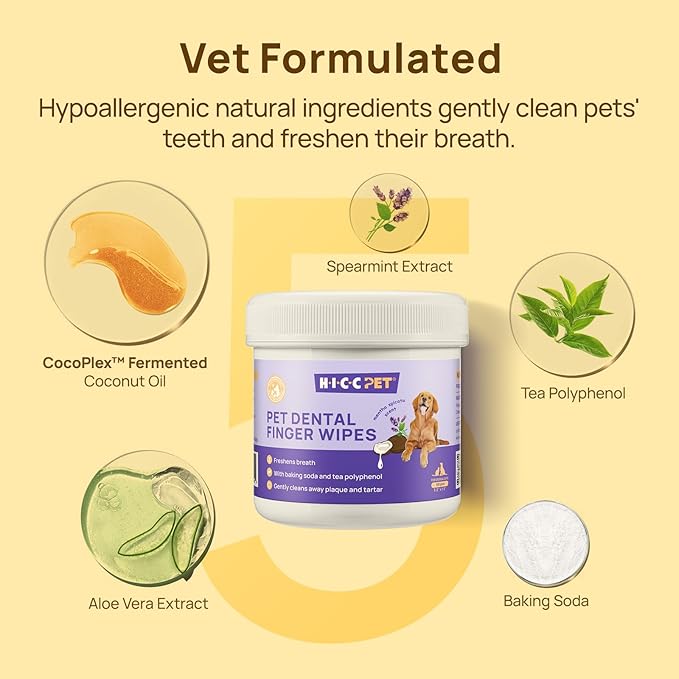 HICC Pet Teeth Cleaning Wipes for Dogs & Cats, Remove Bad Breath by Removing Plaque and Tartar Buildup, Disposable Dog Finger Toothbrush Gentle Pet Dental Care Wipes, 50 Counts, (Mentha Spicata Scent)