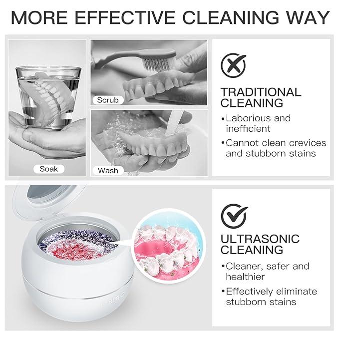 Dental Ultrasonic Retainer Cleaner Machine: 45kHz Dental Cleaning Pod for Denture, Aligner, Mouth Guard, Night Guard, Braces & Jewelry, UV Denture Cleaner with Digital Timer & Dual Mode 250ML White