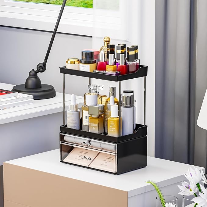 Yieach Acrylic Makeup Organizer Countertop,Large Skincare Organizer for Dresser Top,Plastic Bathroom Counter Organizers and Storage for Beauty,Cosmetic,Hair Products,Lotion and Perfume Organizer,Black
