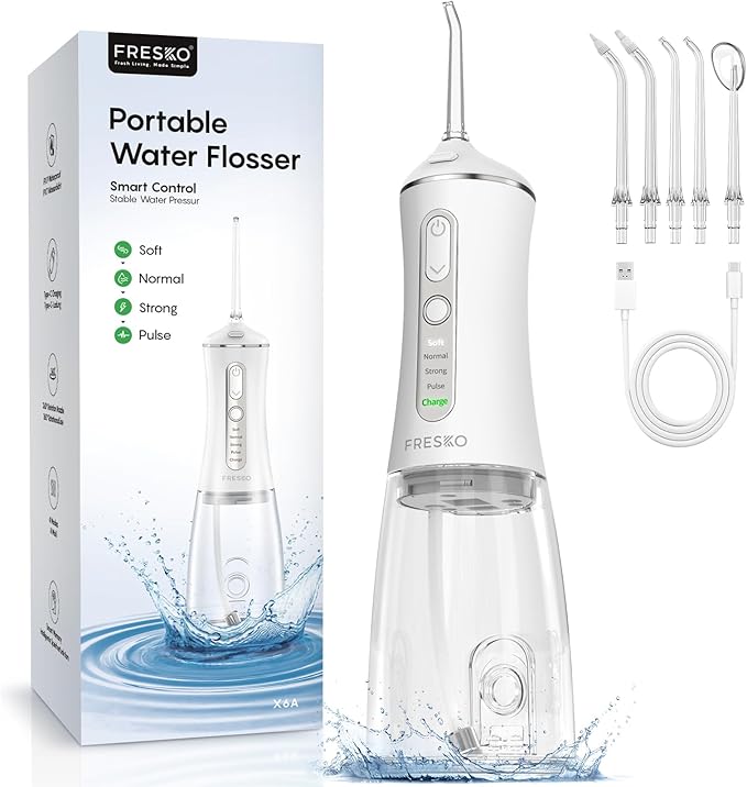 FRESKO Water Flosser, 300ML Portable Cordless Water Dental Flossers for Teeth Deep Cleaning, Rechargeable Oral Irrigator Teeth Pick for Travel Home Use and Braces Care, IPX7 Waterproof