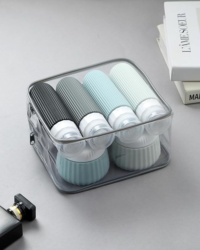 Travel Bottles 8 Pack, TSA Approved 3 oz Toiletries Containers, Leak Proof Silicone Squeezable Essentials Jars with Clear Bag