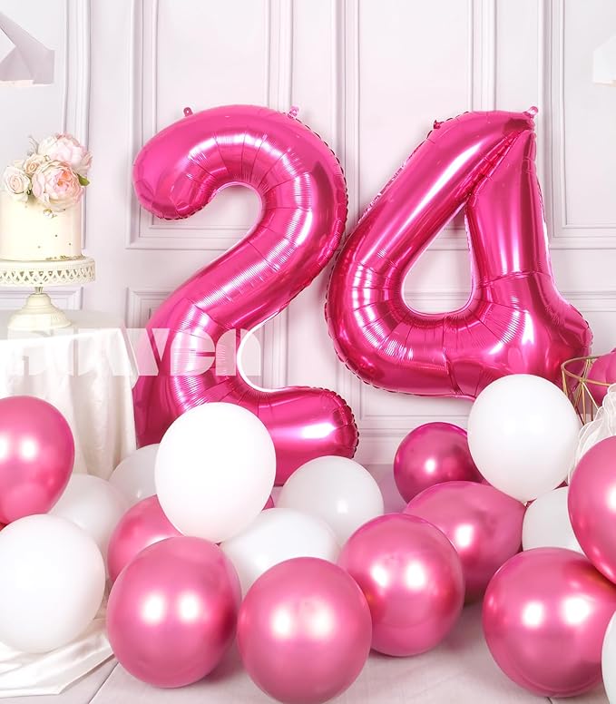 SUWEN 40 Inch Large Hot Pink 24 Number Balloons Big Foil Helium Number Balloons 0-9 Jumbo Happy 24th Mylar Birthday Party Decorations for Women 42 Anniversary Party Supplies