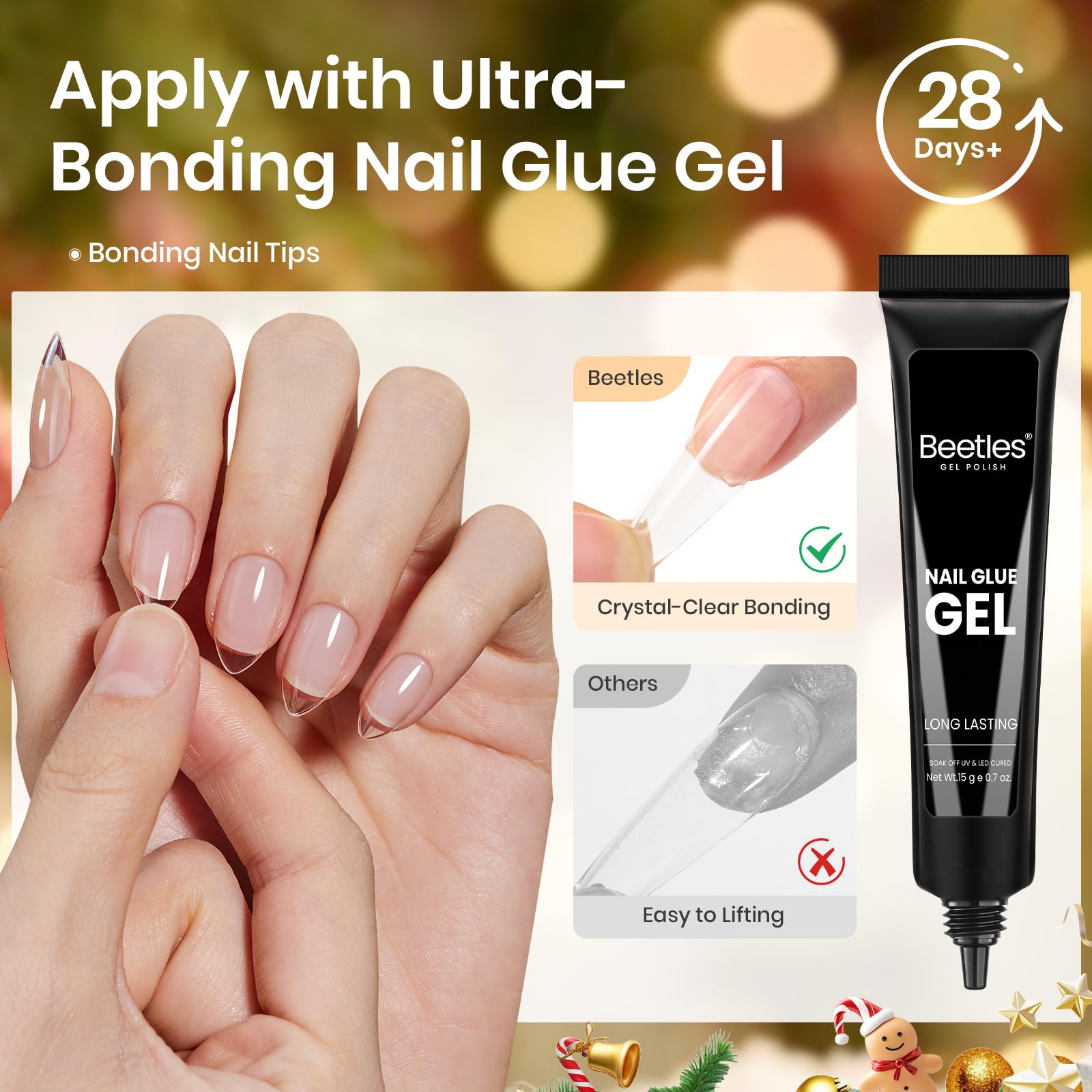 Beetles Gel Nail Kit Flat-X, Almond Short, 320pcs 16 Sizes, with 15g Hands-free Solid Nail Glue Gel, Mini Lamp, Christmas Limited Set, Pre-Etched Half Matte Nail Extension Set for Home DIY