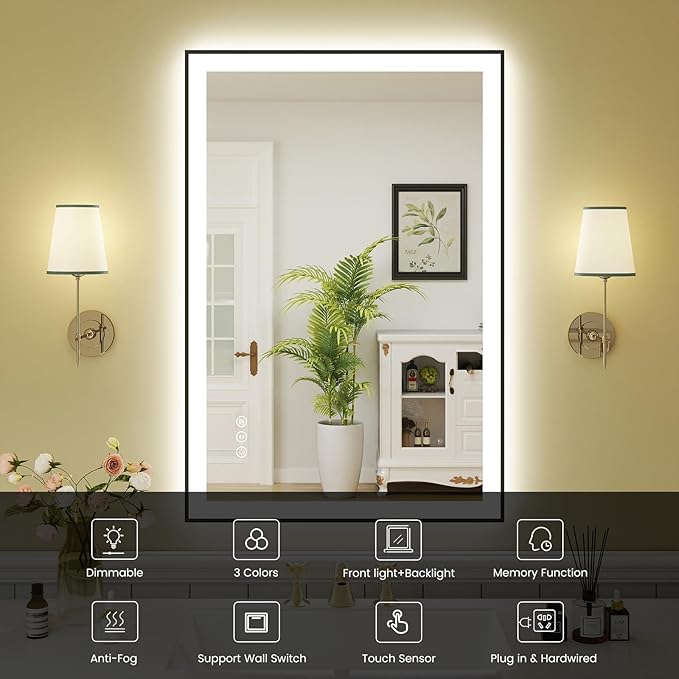 WTTY 24"X36" LED Bathroom Mirror with Black Frame, Bathroom Vanity Mirror with Lights for Wall, Front Light and Backlit, Anti-Fog, Dimmable, 3 Colors, Shatterproof, Memory, Horizontal/Vertical