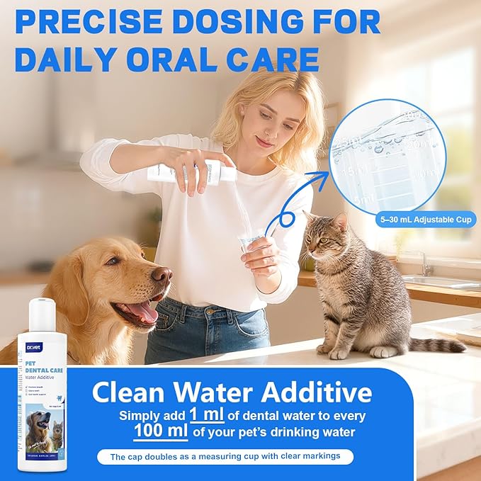Dog Breath Freshener-Enzymatic Dog Dental Water Additive for Dental Care–Probiotics Prevent Bad Breath, Relieve Gum Redness, Reduce Plaque & Tartar, No Brushing Needed, Safe for Dogs & Cats, 8.45oz