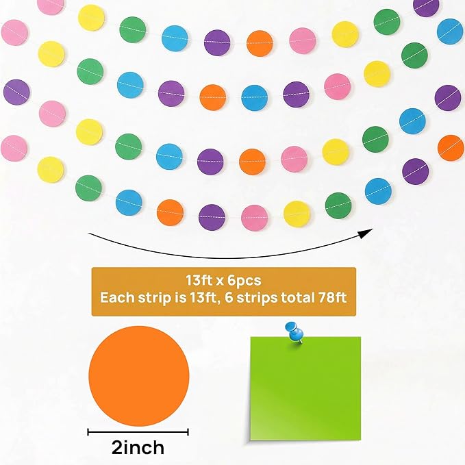 JOYIT 78ft Colorful Paper Circle Garland – 6 Pack Vibrant Easter Party Banners for Birthday, Wedding, Graduation, Baby Shower & Easter Party Decorations (Circle)