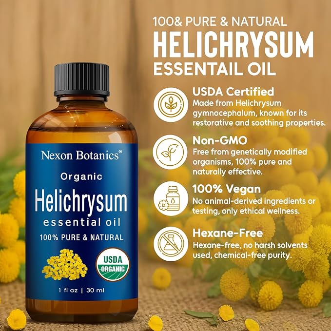 Organic Helichrysum Essential Oil 30 ml - Pure, Natural Oils for Aromatherapy, Diffusers, DIY, Candle and Soap Making Scent - Nexon Botanics