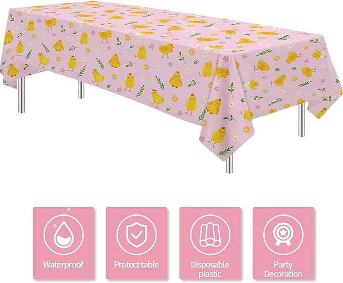 Chicken Party Decorations Tablecloth for Kid's Birthday Baby Shower, 3pcs Disposable Farm Animal Barnyard Pink Little Chick Birthday Party Supplies Tablecover, 86in x 55in