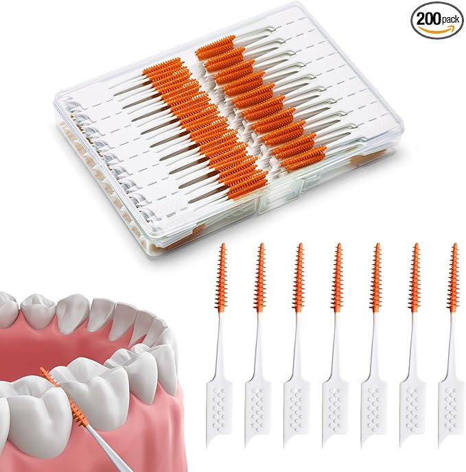200 Pieces Interdental Brushes,Braces Brush with Silicone Head,Dental Tooth Flossing Toothpick Cleaners Tooth Tool (200PCS Orange)