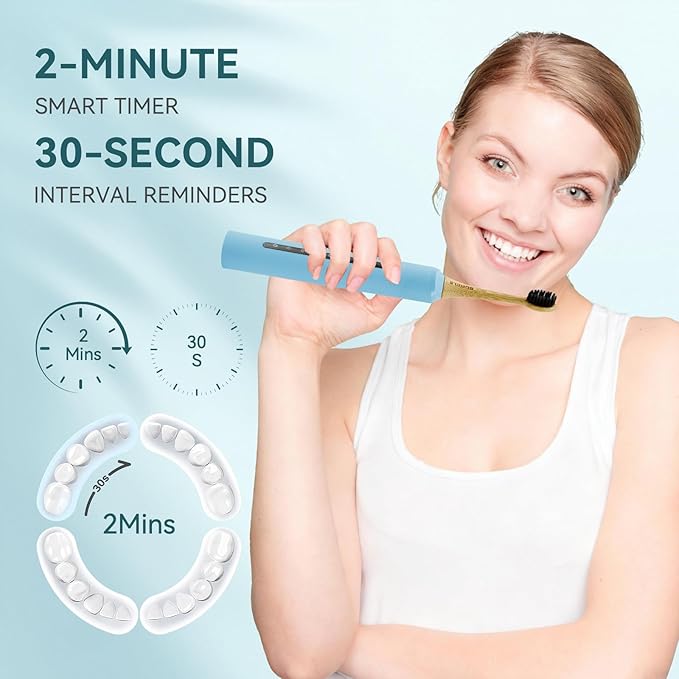 Bamboo Electric Toothbrush for Adults丨Rechargeable Electric Toothbrush with 3 Non Toxic Charcoal Infused Bamboo Brush Heads, 5 Cleaning Modes, 60 Days Battery Life, IPX7 Waterproof-Blue